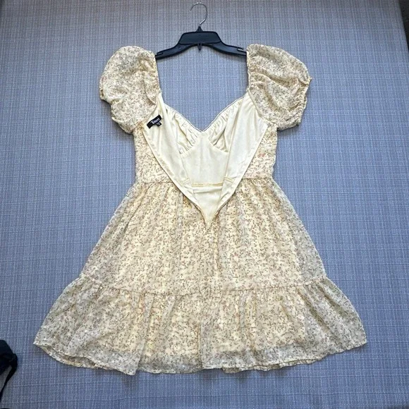 Trixxi Butter Yellow Floral Dress Medium Puff Sleeve Babydoll Sheer Overlay * - Picture 4 of 11